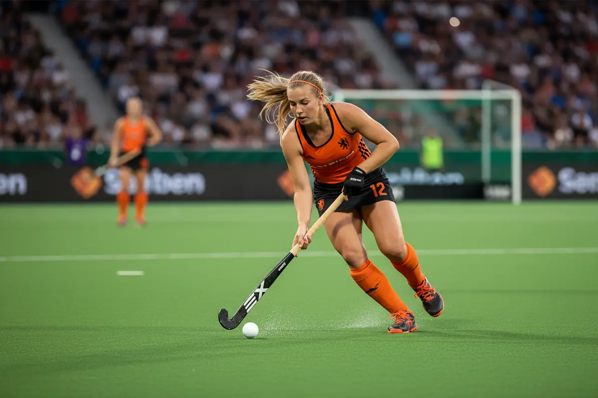 Sterspeler van het Nederlandse damesteam in actie met de bal