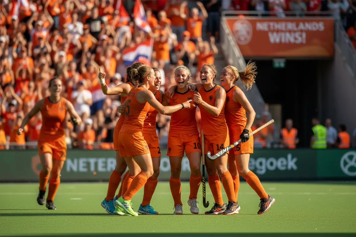 Nederlandse hockeyspelers vieren een belangrijke overwinning