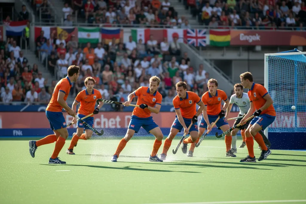 Het Nederlands elftal hockey heren in actie tijdens een internationale wedstrijd