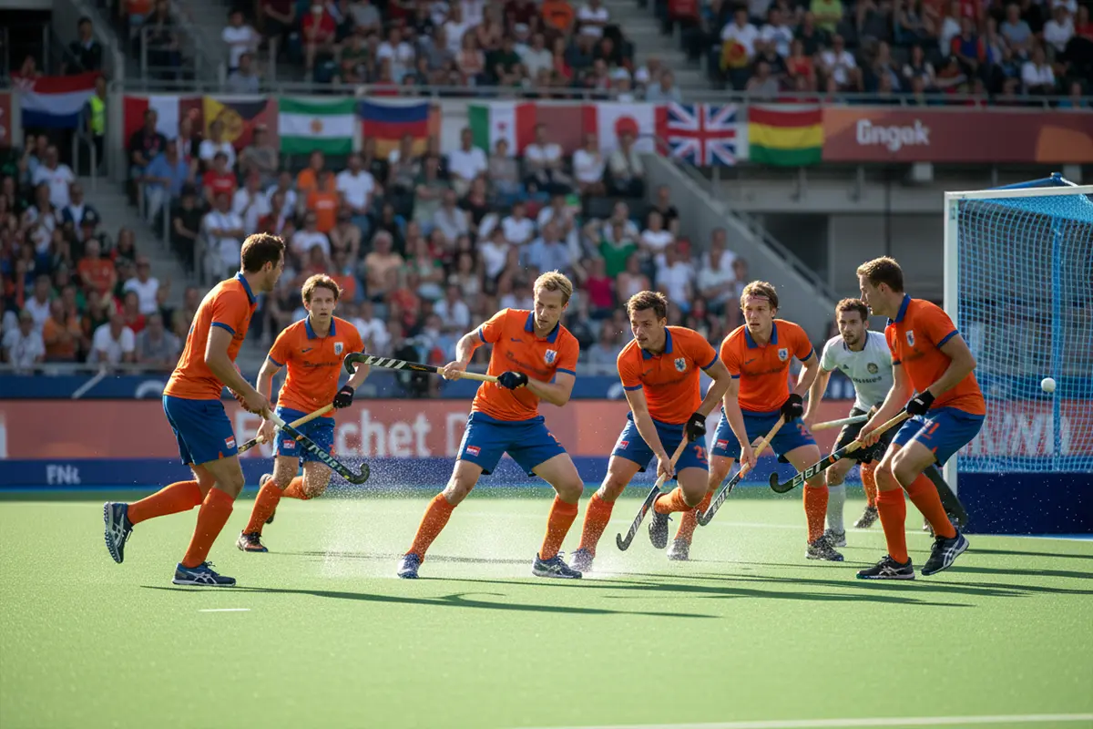 Het Nederlands elftal hockey heren in actie tijdens een internationale wedstrijd