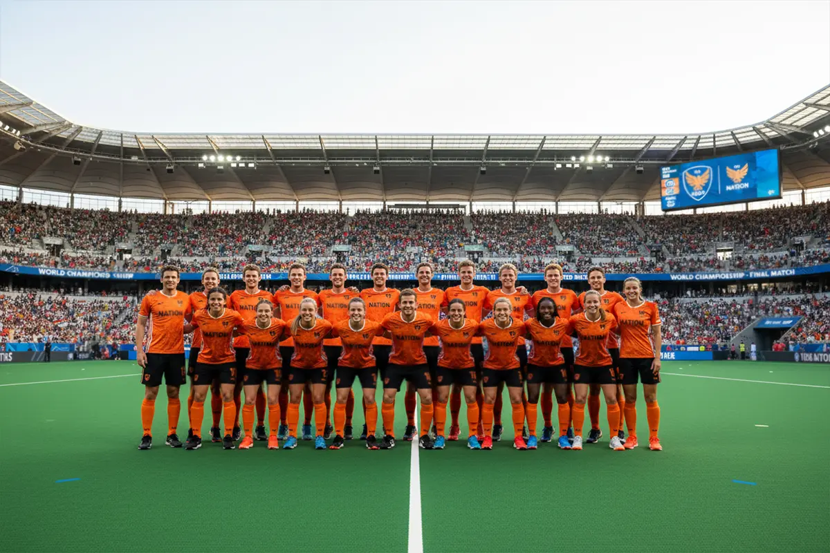 Het Nederlandse hockeyteam poseert voor een groepsfoto