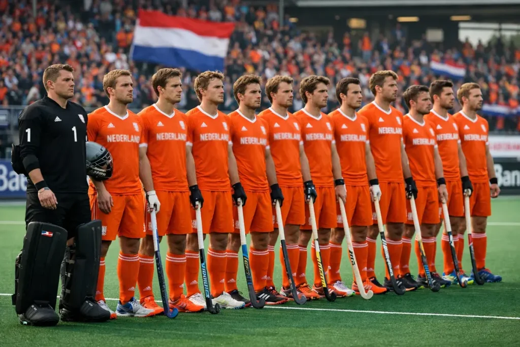 Het Nederlands hockeyteam staat klaar voor een internationale wedstrijd