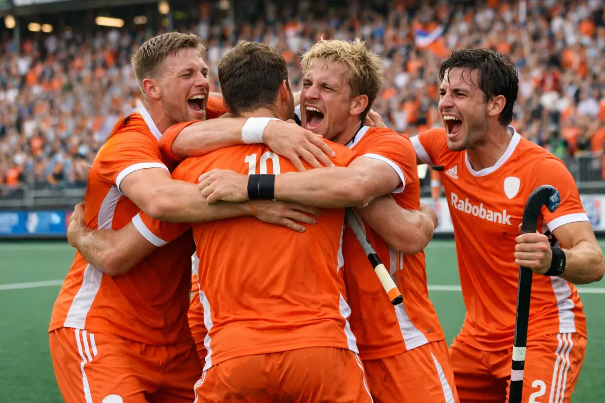 Nederlandse hockeyspelers vieren een doelpunt tijdens een groot toernooi