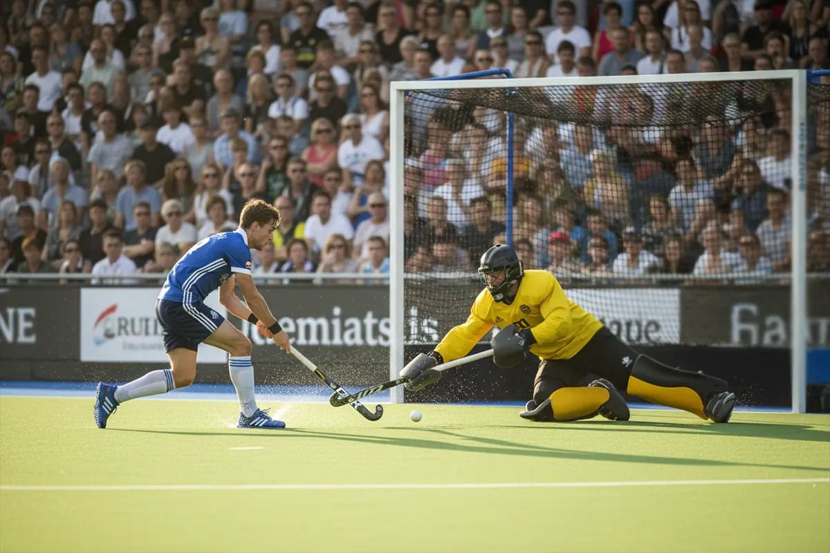 Hockeyspeler scoort een doelpunt terwijl de keeper strekt om de bal te stoppen