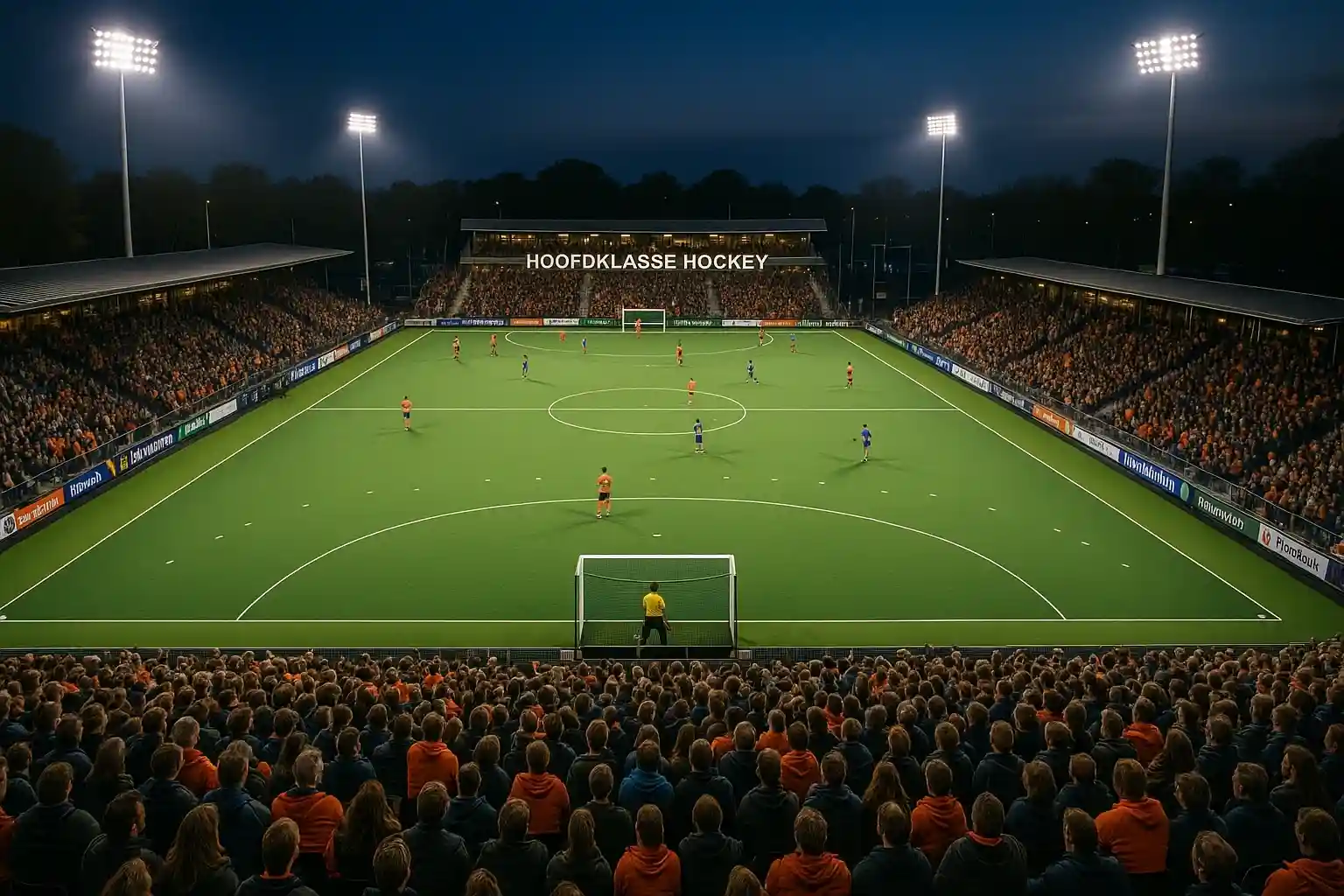 Luchtfoto van een modern hockeystadion tijdens een Hoofdklasse wedstrijd met volle tribunes en avondverlichting
