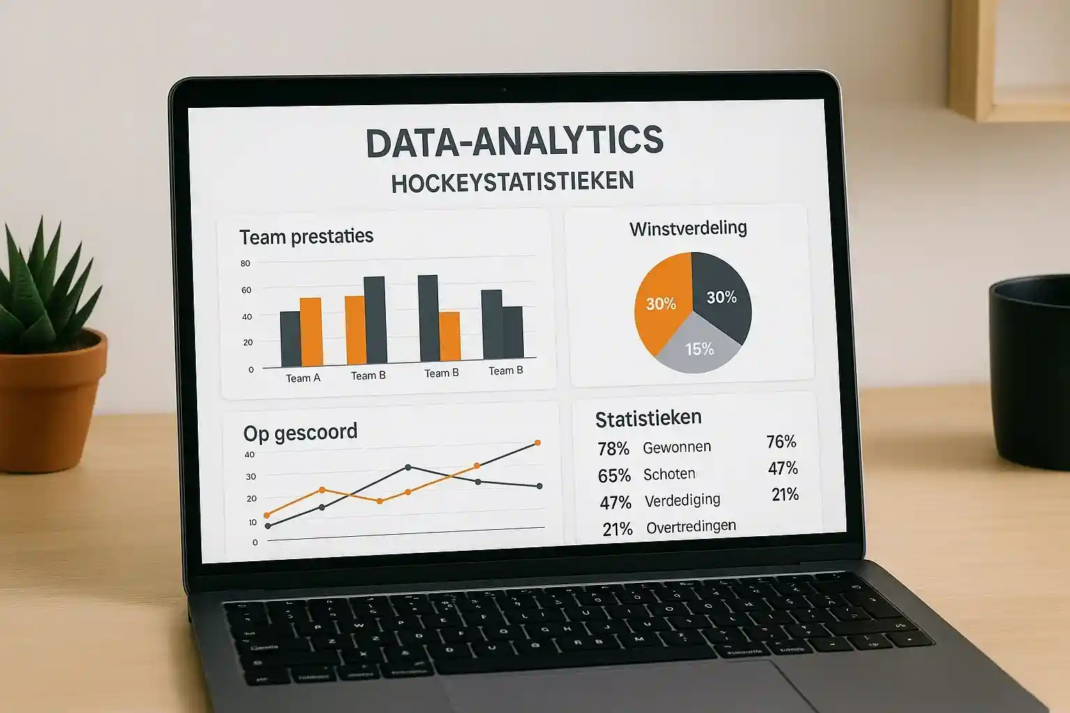 Data analytics dashboard op laptop met hockey statistieken, grafieken en teamprestaties voor wedstrategie analyse