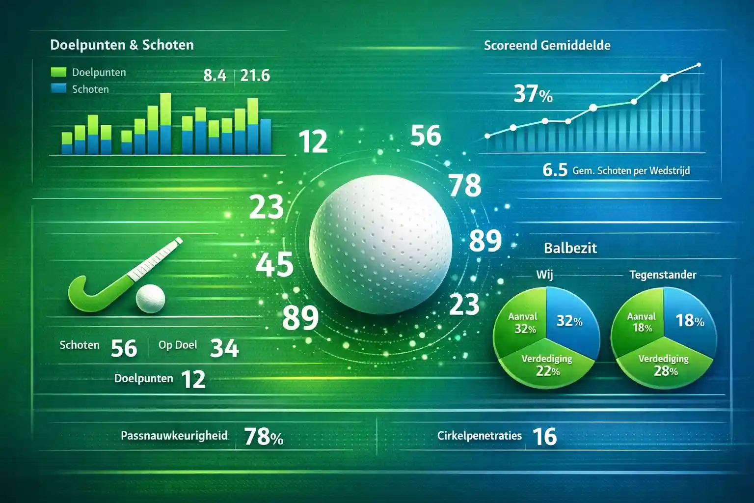 Sportstatistieken visualisatie met grafieken voor doelpunten, schoten en balbezit voor hockey analyse