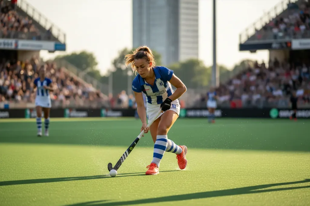Hockeyspeler in actie tijdens een competitiewedstrijd met de bal aan de stick