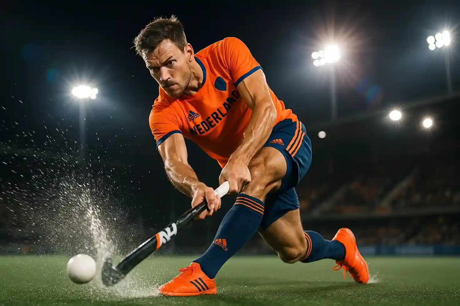 Elite hockey speler in actie tijdens strafcorner, dynamische sportfotografie van toptalent
