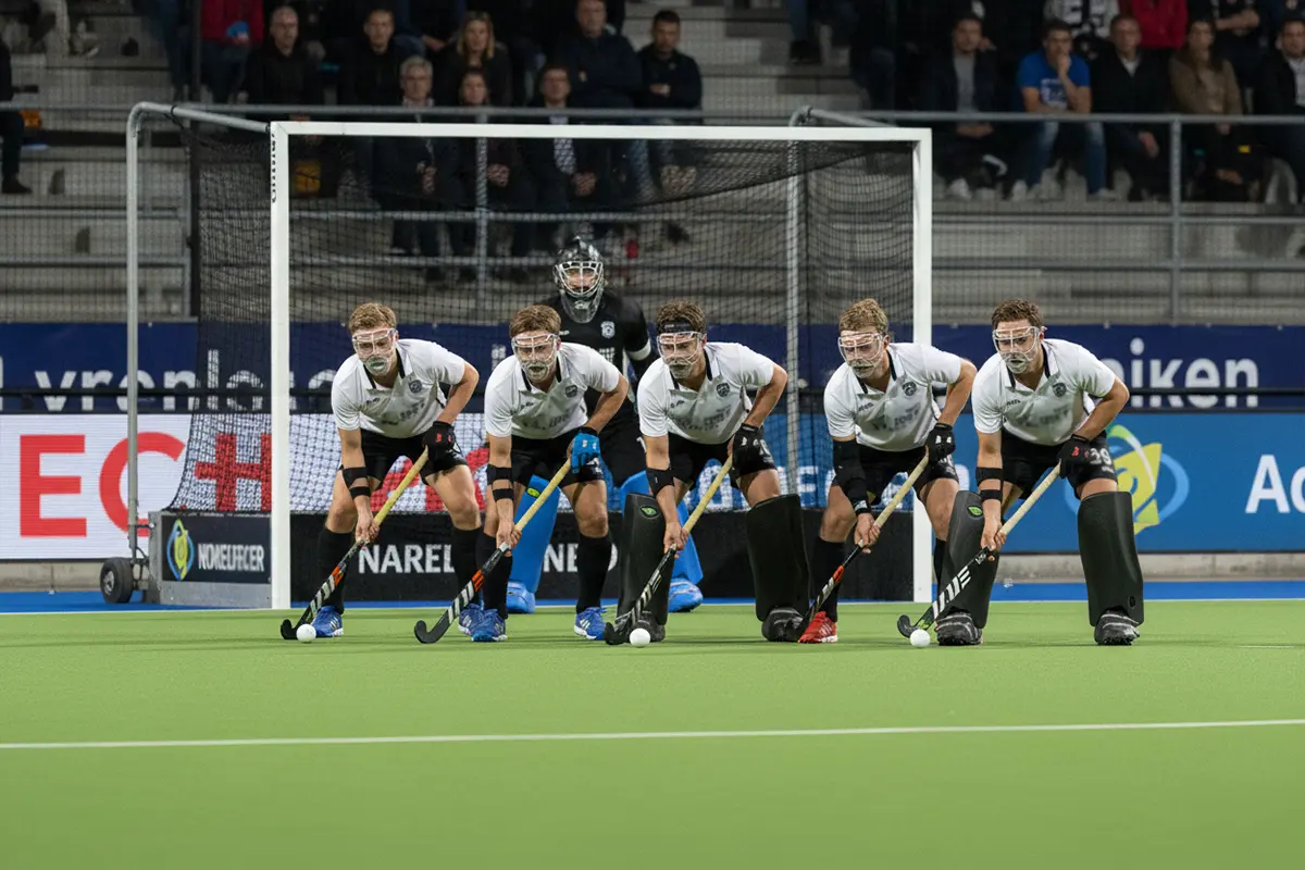 Hockeyverdedigers met beschermende maskers in positie achter de doellijn tijdens een strafcorner