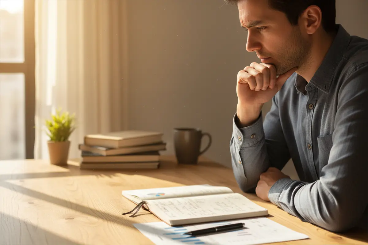 Persoon bestudeert notities en maakt een weloverwogen beslissing