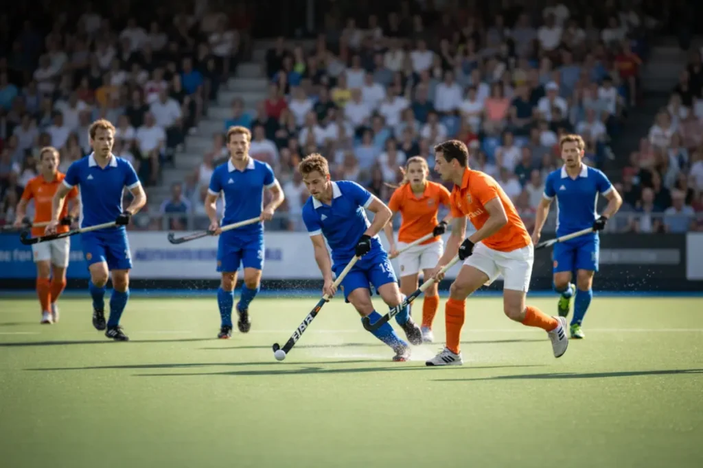 Hockeywedstrijd in volle gang met spelers in actie op het veld