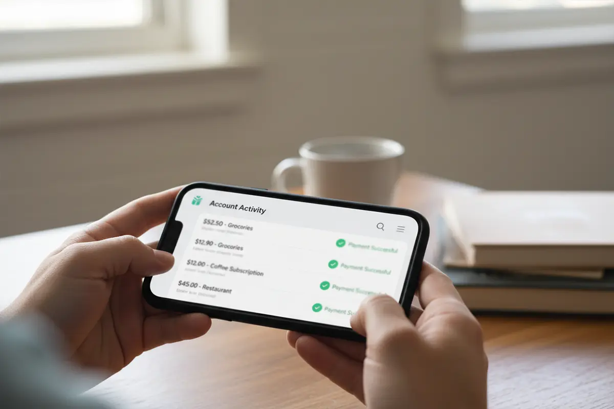 Persoon bekijkt bankapp op smartphone met transactieoverzicht