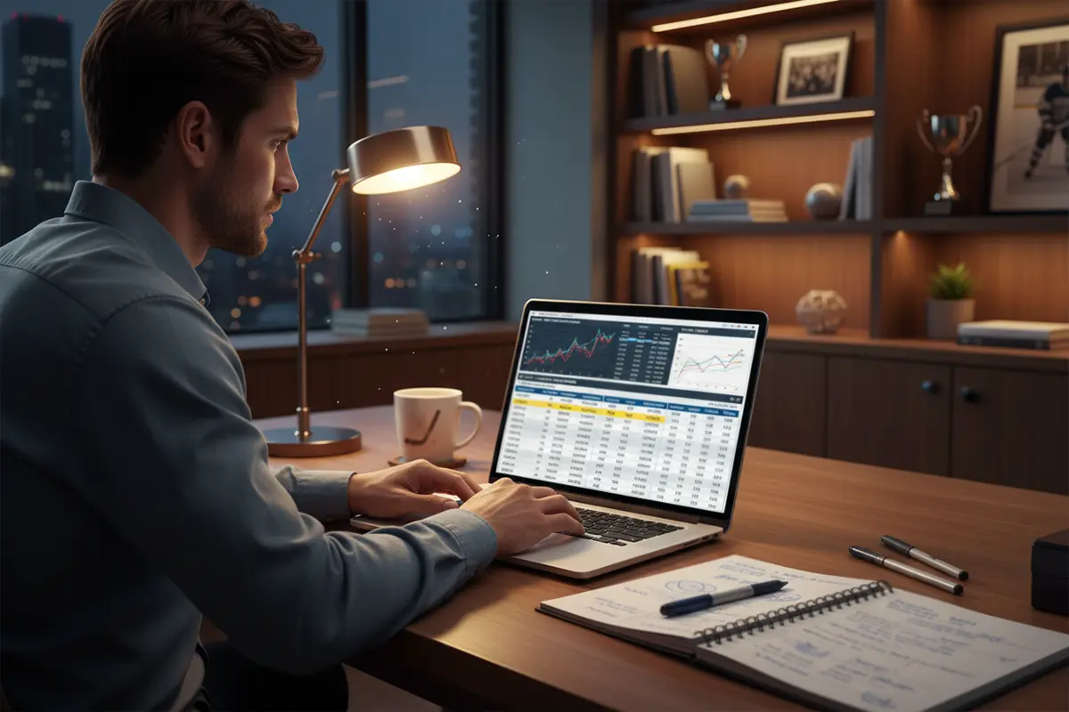 Persoon die aandachtig naar een laptopscherm kijkt met hockeystatistieken en notities ernaast