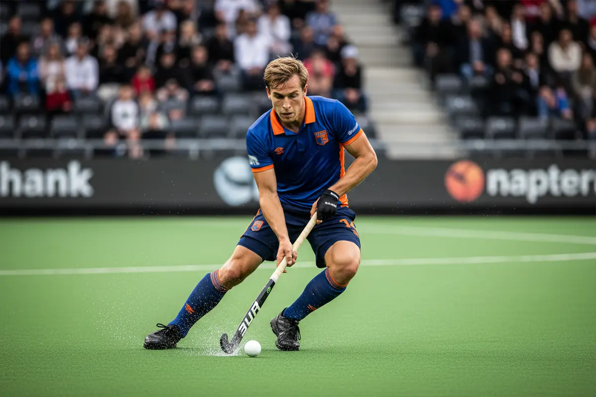 Hockeyspeler in geconcentreerde actie tijdens een belangrijke wedstrijd
