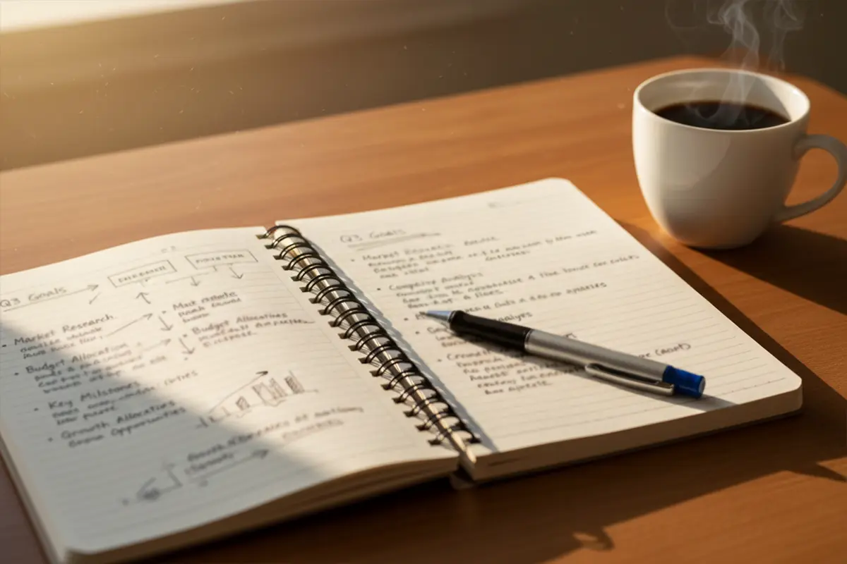 Notitieboek met handgeschreven aantekeningen en analyse naast een kop koffie