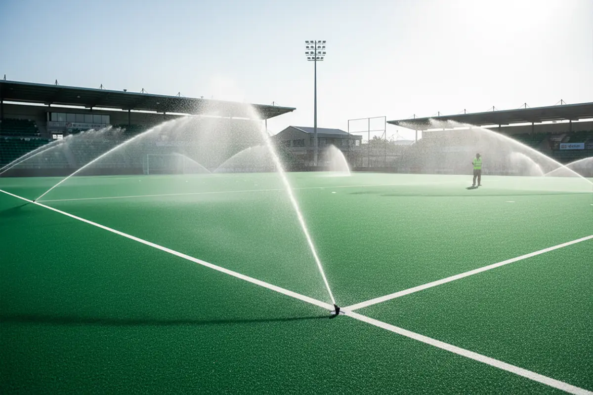 Kunstgrasveld met watersproeiers die het oppervlak bevochtigen