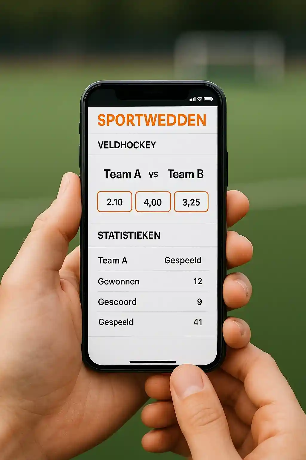 Smartphone met sportwedden app interface met hockey odds en statistieken op een wazig hockeyveld achtergrond
