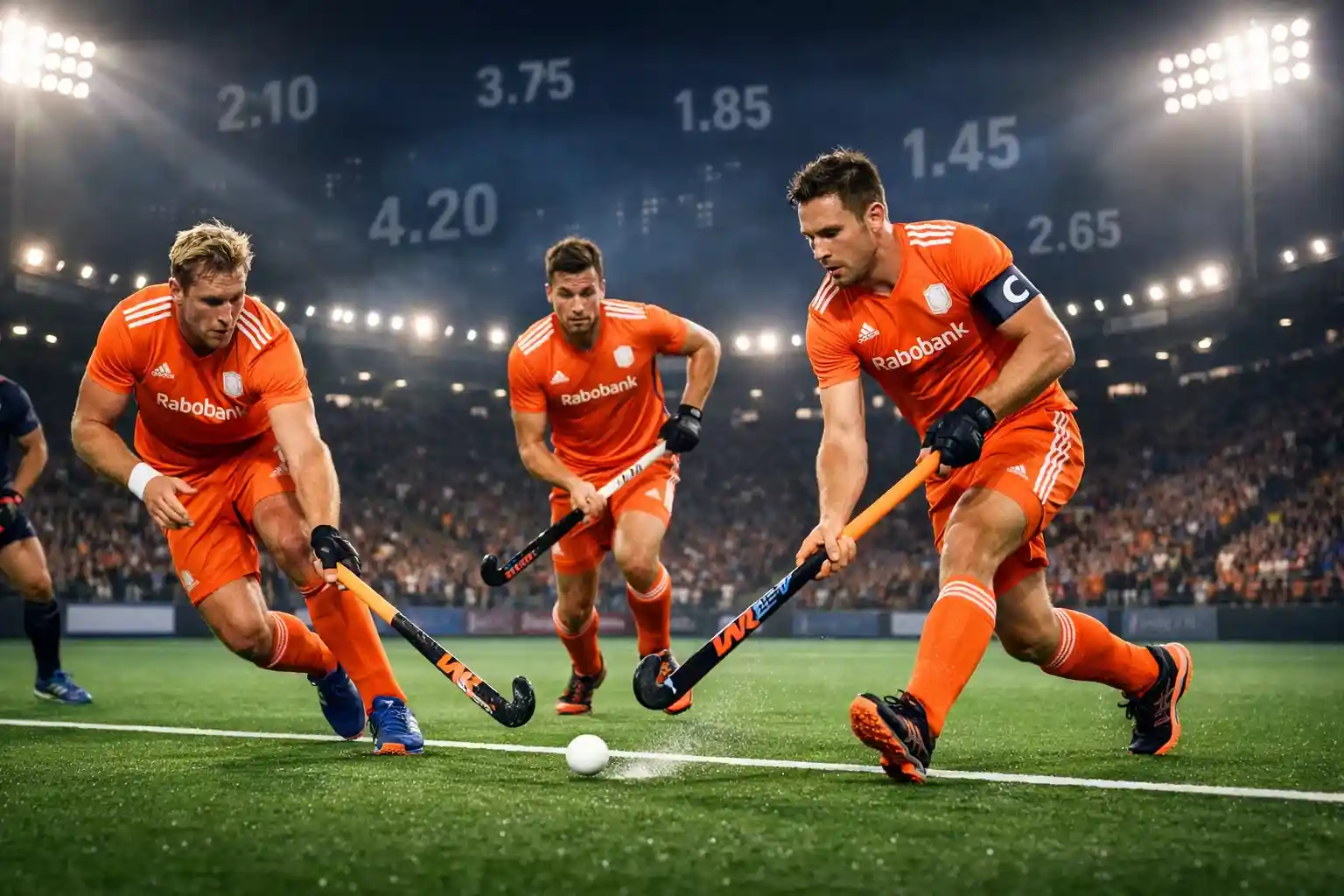 Nederlandse hockey wedstrijd met spelers in oranje shirts en digitale wedden odds op de achtergrond