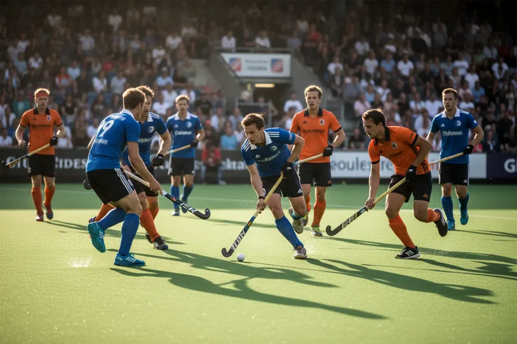 Spannende hockeywedstrijd op een groen waterveld met spelers in actie