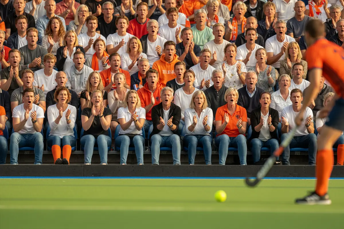 Toeschouwers kijken gespannen naar een hockeywedstrijd vanaf de tribune