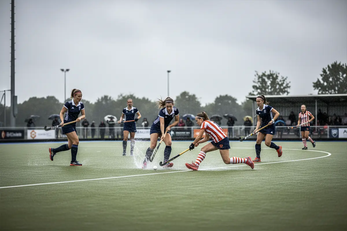 Hockeywedstrijd op een nat kunstgrasveld met zichtbare weersomstandigheden