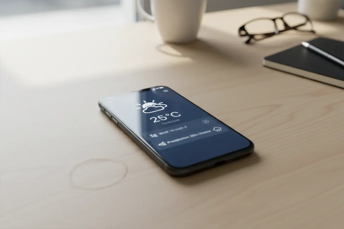 Smartphone met weerbericht app geopend op een tafel