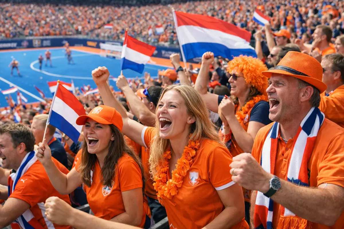 Enthousiast publiek met Nederlandse vlaggen tijdens een hockeytoernooi