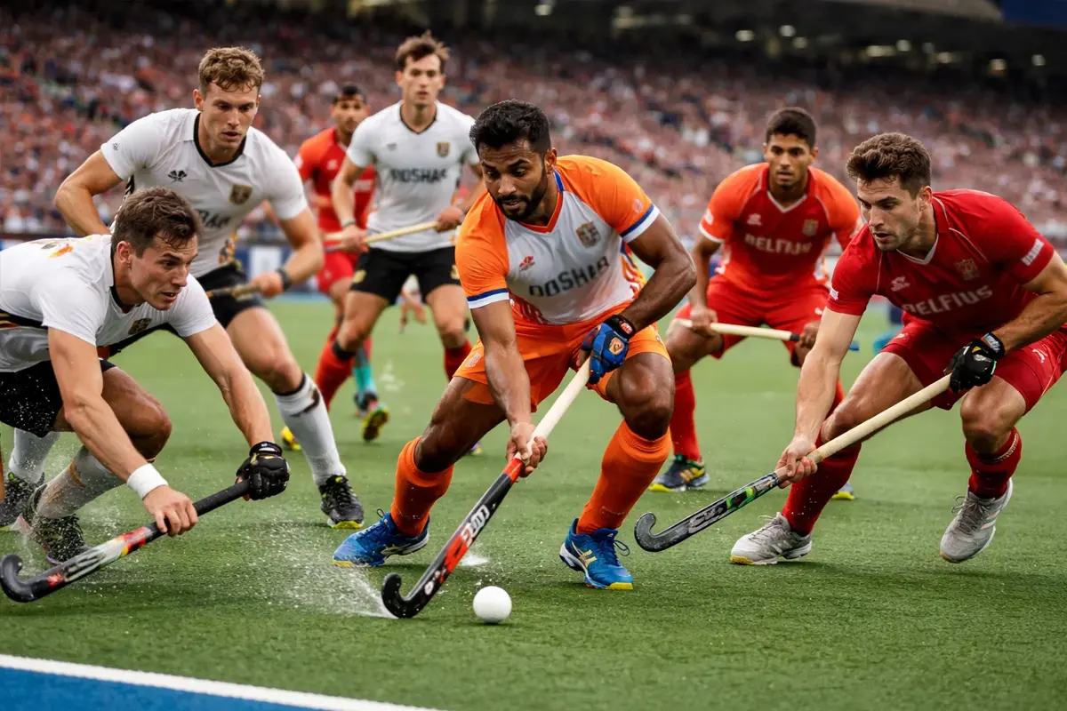 Internationale hockeyteams strijden om de bal tijdens een WK wedstrijd