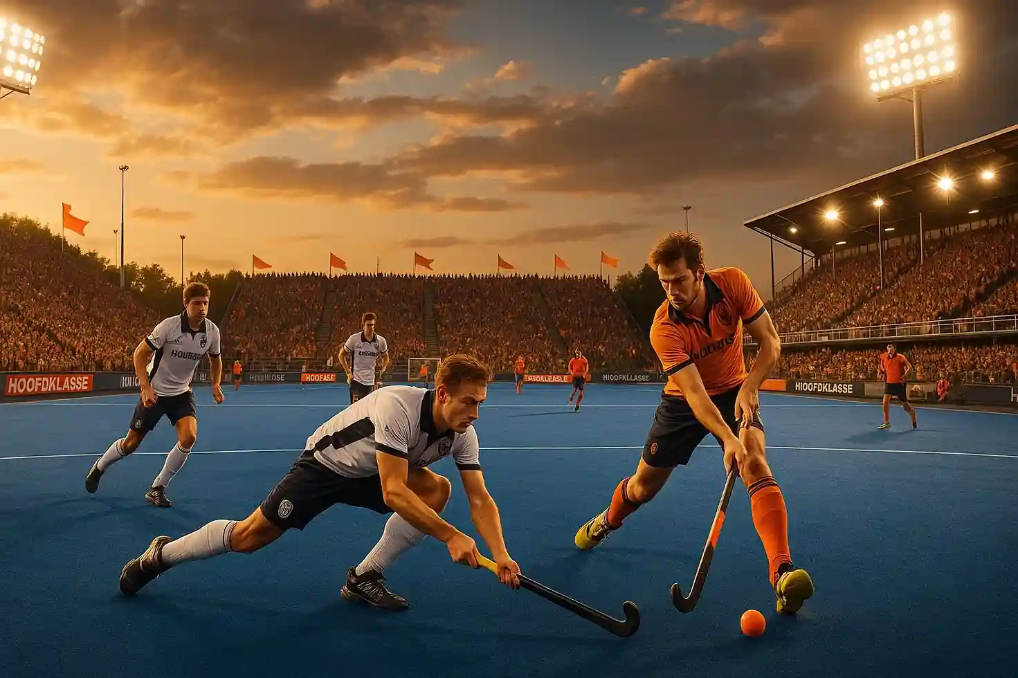 Spannende Hoofdklasse hockey wedstrijd in Nederlands stadion met volle tribunes en spelers in actie