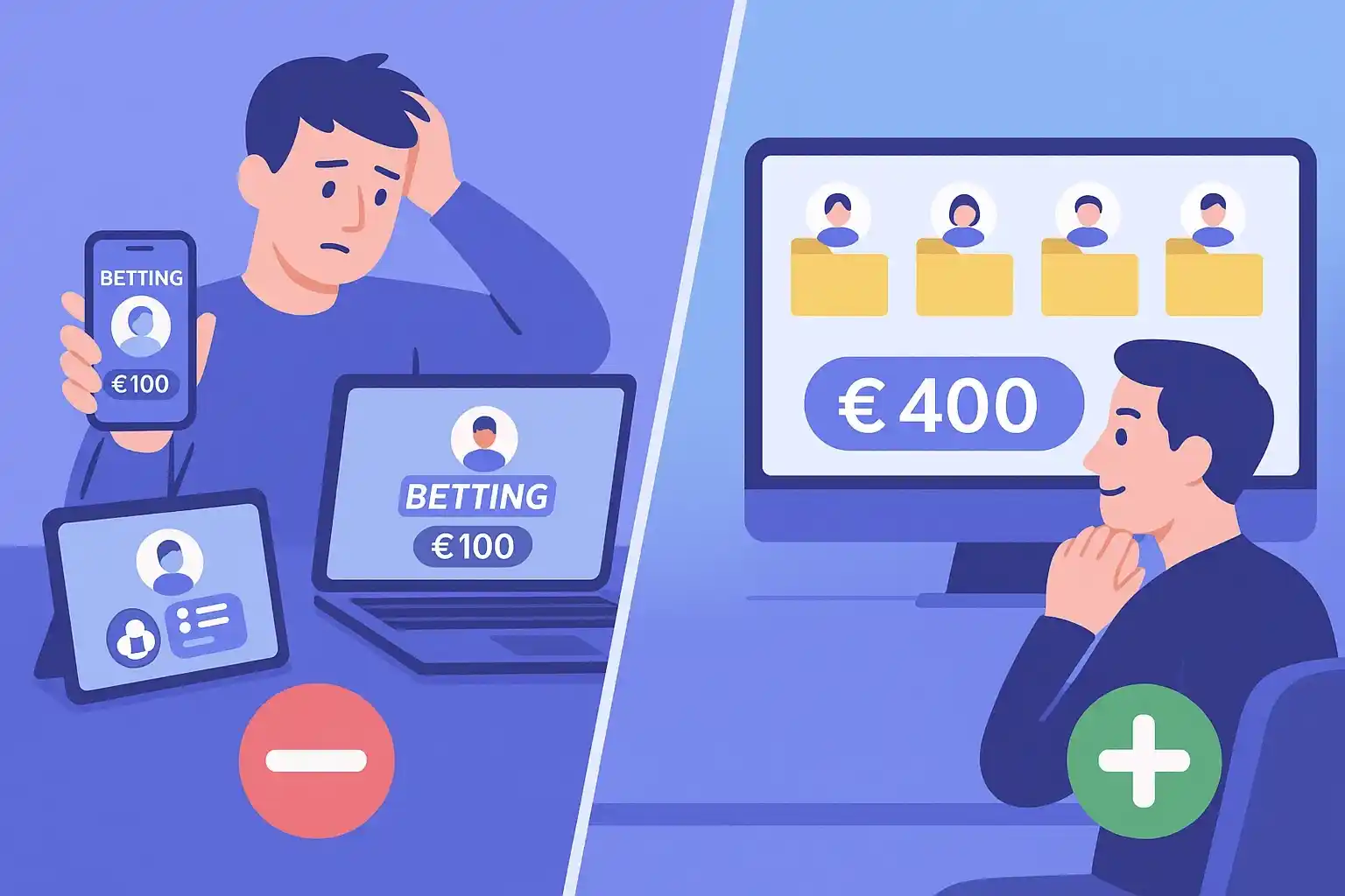 Visuele vergelijking tussen meerdere bookmaker accounts beheren versus &eacute;&eacute;n account strategie