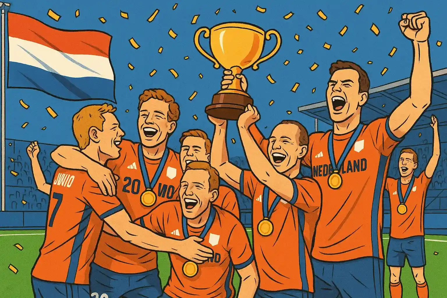 Nederlands hockey team Oranje viert overwinning met gouden medailles, confetti en kampioensfeest