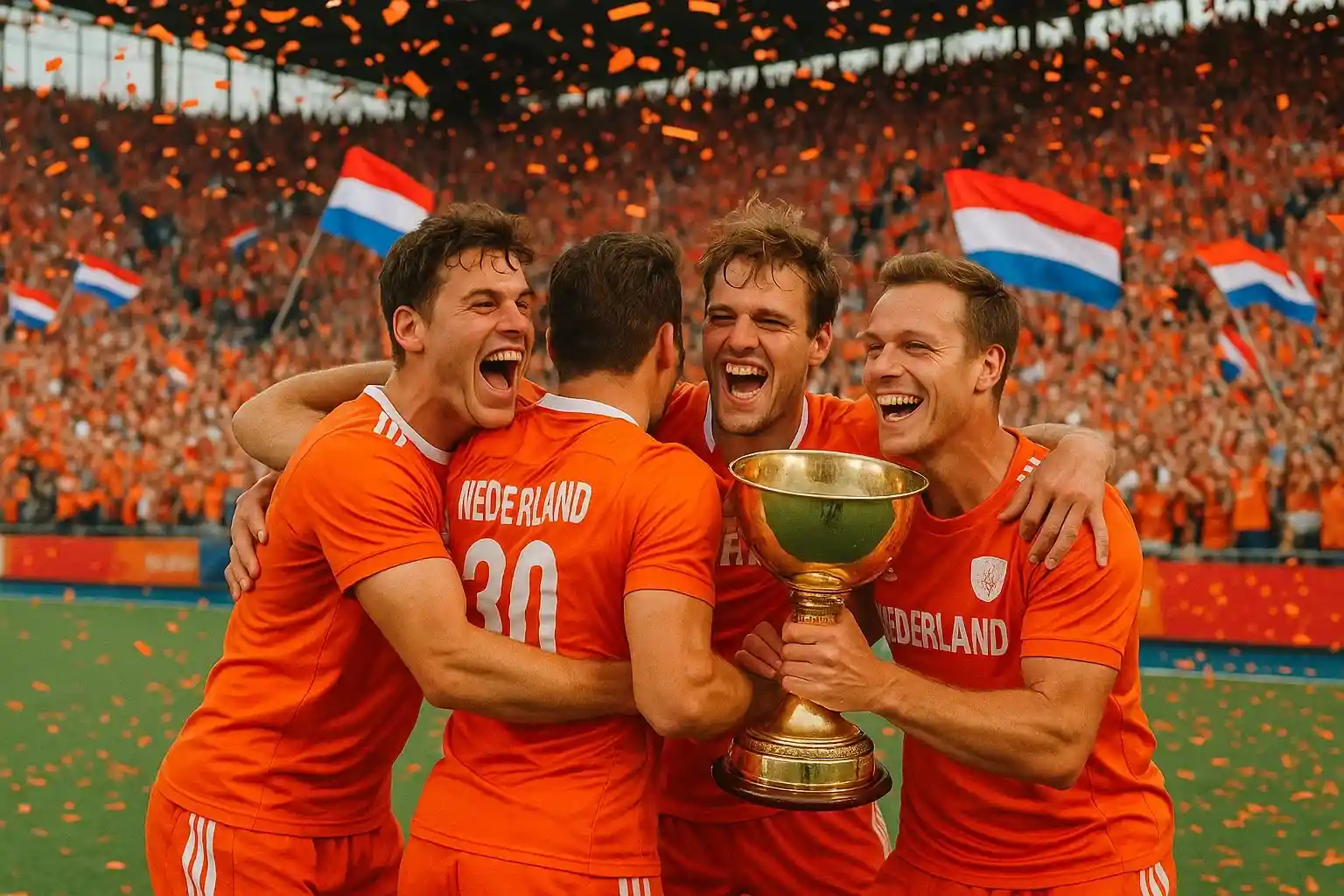 Nederlands hockey team in oranje shirts viert overwinning met juichende fans en Nederlandse vlaggen