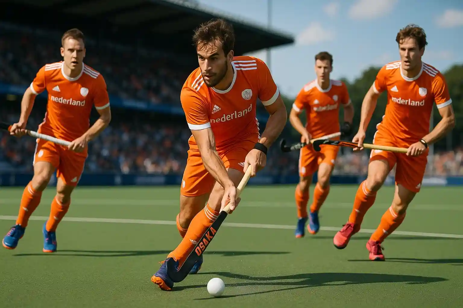 Nederlandse hockey spelers in oranje shirts in actie tijdens een spannende wedstrijd op een modern kunstgrasveld