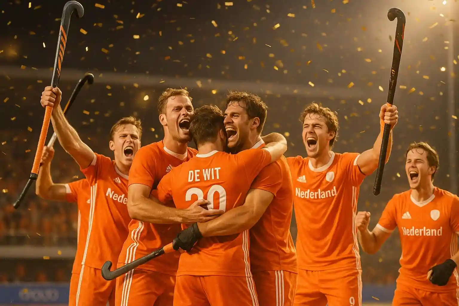 Nederlands hockeyteam viert een overwinning met opgeheven sticks en gouden confetti in het stadion