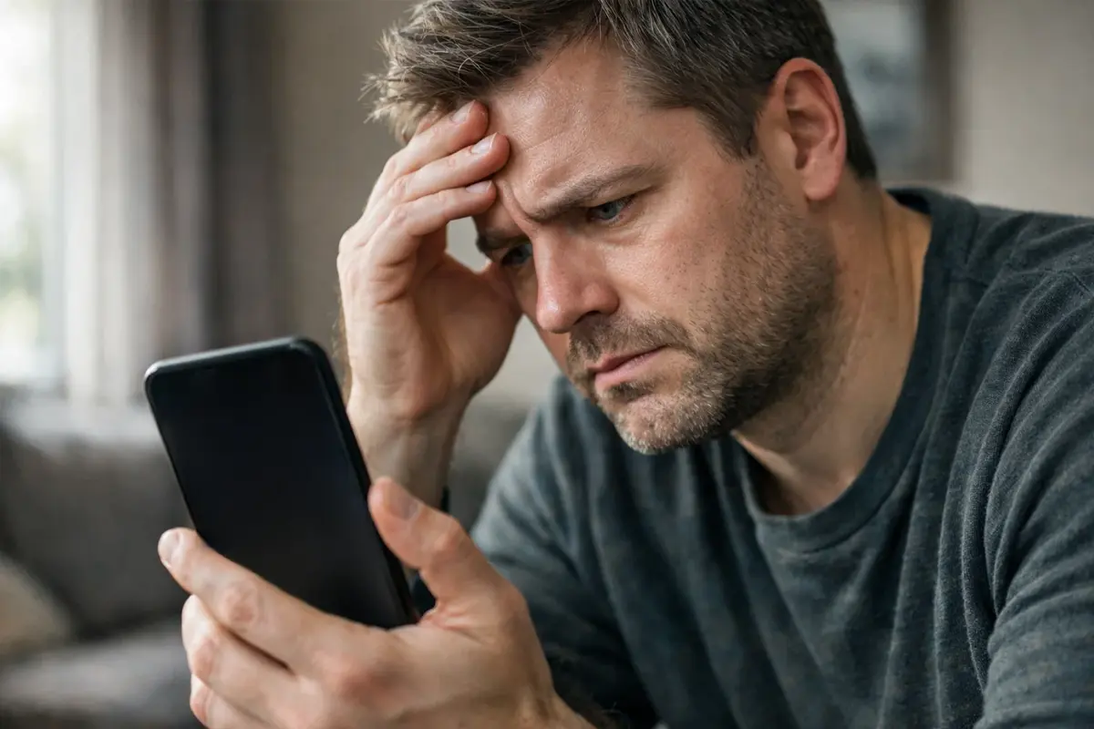Persoon kijkt bezorgd naar een telefoonscherm met weddenschappen