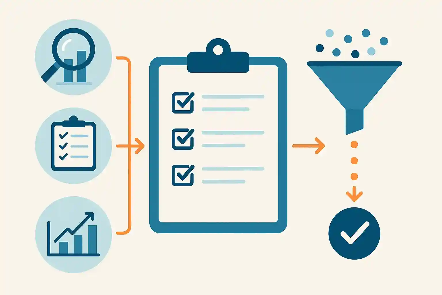 Stapsgewijs analyse proces met genummerde stappen, checklist progressie en besluitvorming workflow