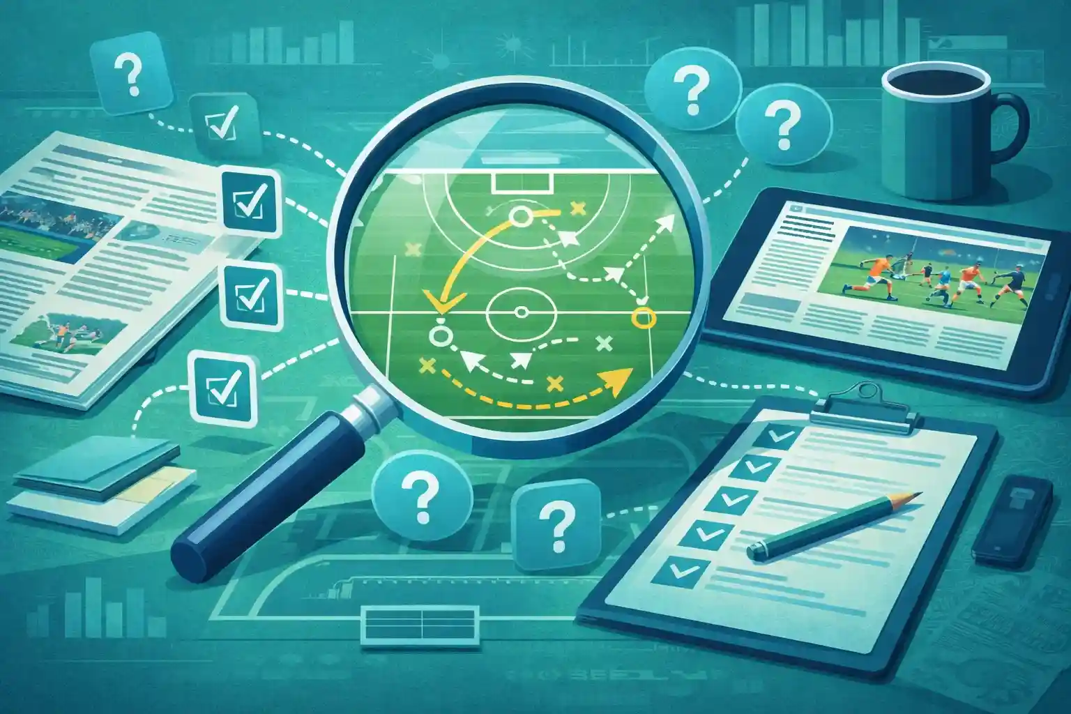 Onderzoek en informatieverzameling voor wedstrijdanalyse met vergrootglas, checklist en sportnieuws