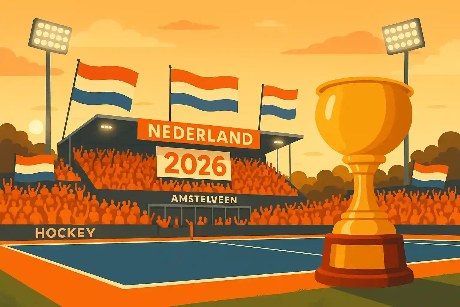 WK Hockey 2026 stadion in Nederland met oranje fans, Nederlandse vlaggen en kampioenschapssfeer
