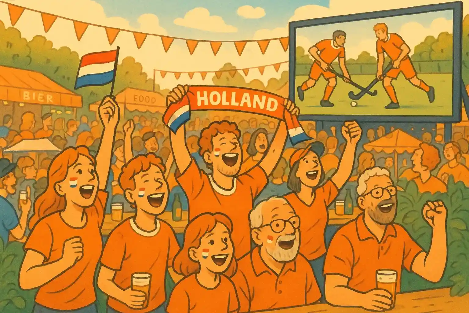 Nederlandse hockey fans in oranje vieren samen het WK, families en vrienden bij groot scherm evenement