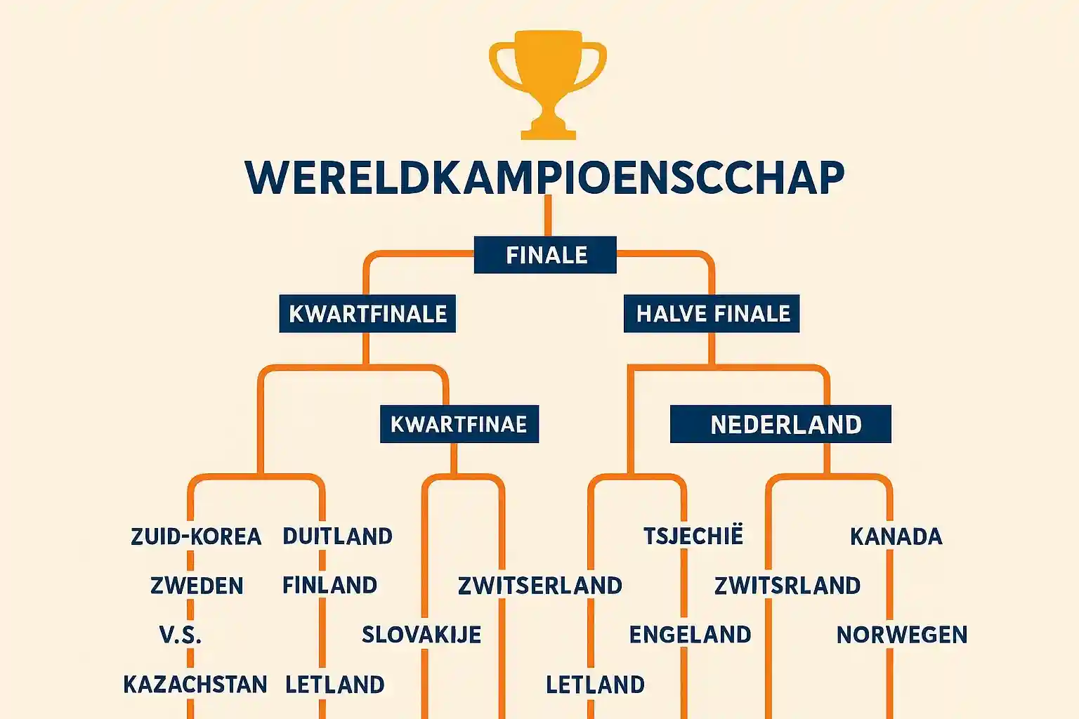 WK Hockey toernooi bracket met groepsfase, kwartfinales, halve finales en finale richting kampioenschap