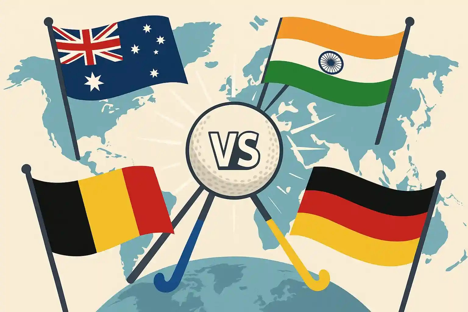 Internationale hockey rivalen met vlaggen van Australië, België, Duitsland en India rond hockeybal